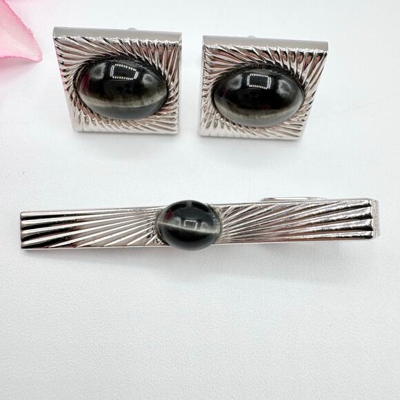 Vintage Swank Gray Tiger’s Eye Cufflink Tie Bar Set Silver Tone Dapper Formal - Picture 6 of 16